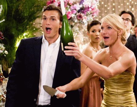 Cameron Diaz and Ashton Kutcher sabering champagne in What Happens in Vegas